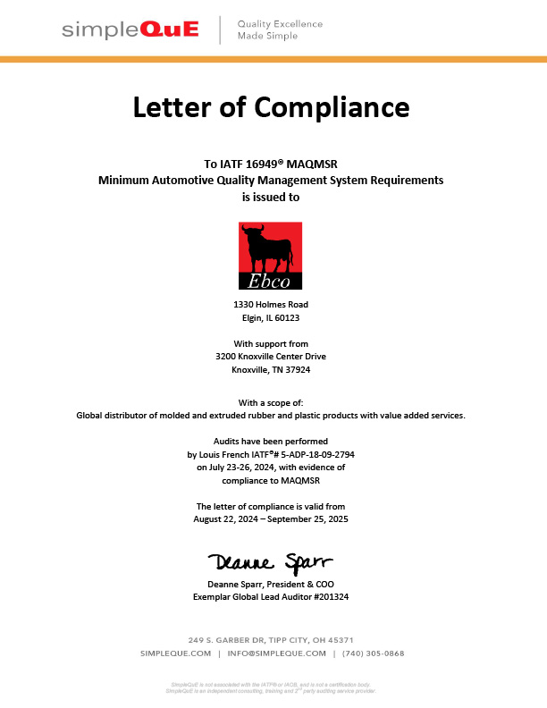 IATF 16949 MAQMSR Letter of Compliance